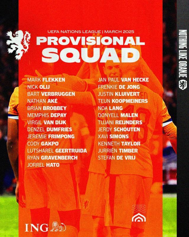 荷兰公布新一期大名单：德利赫特和齐尔克泽落选